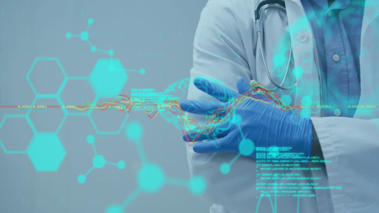 파란색 배경에 남성 의사의 중간 섹션에 대한 의료 데이터 처리의 애니메이션