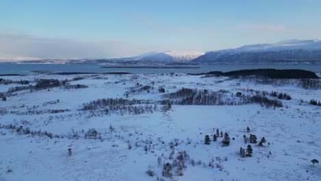 drone shot of landscape with snow in tromso norway during winter in the morning