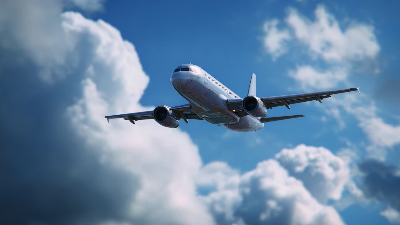 Un aereo maestoso che vola attraverso un cielo meraviglioso, pieno di nuvole soffici, che mostra la meraviglia dell'aviazione e la libertà del volo con dettagli straordinari