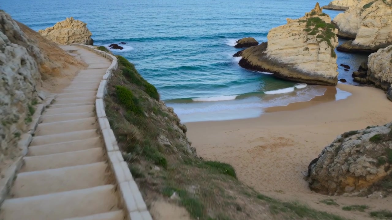 La telecamera inizia la discesa, guidando lungo una scalinata in pietra verso una caletta sabbiosa, rivelando formazioni rocciose.