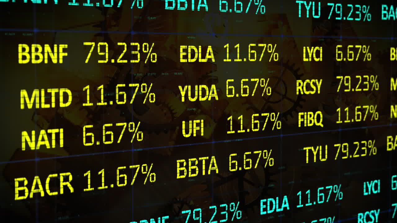 Video di elaborazione dati finanziari su ingranaggi rotanti sullo sfondo.