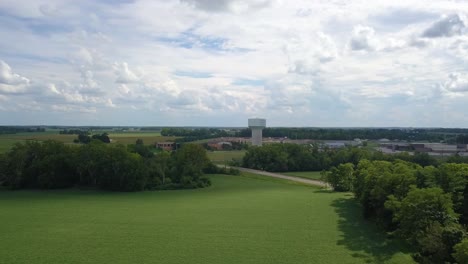 Aerial-view-orbiting-water-supply-storage-tower-on-Terre-Haute-rural-green-farmland,-Indiana