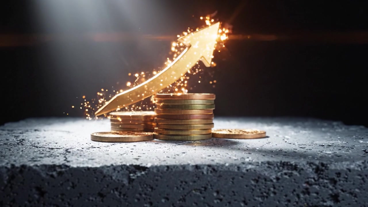 Shimmering Stacks of Coins Beneath a Spotlight with an Ascending Arrow Symbolizing Growth and Prosperity in Finance and Investment Context