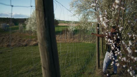 granjero masculino soltando la valla después de inspeccionar la cosecha _ árboles blancos en flor en orquídea de manzana, tierras de cultivo en alemania, europa, 4k