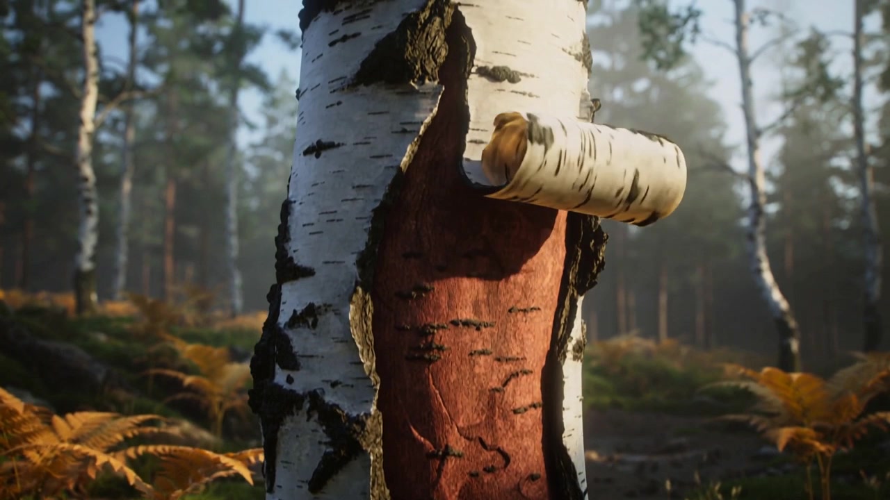 Peeling birch trunk lifting papery bark from vertical tear in sunlit forest exposing red inner bark