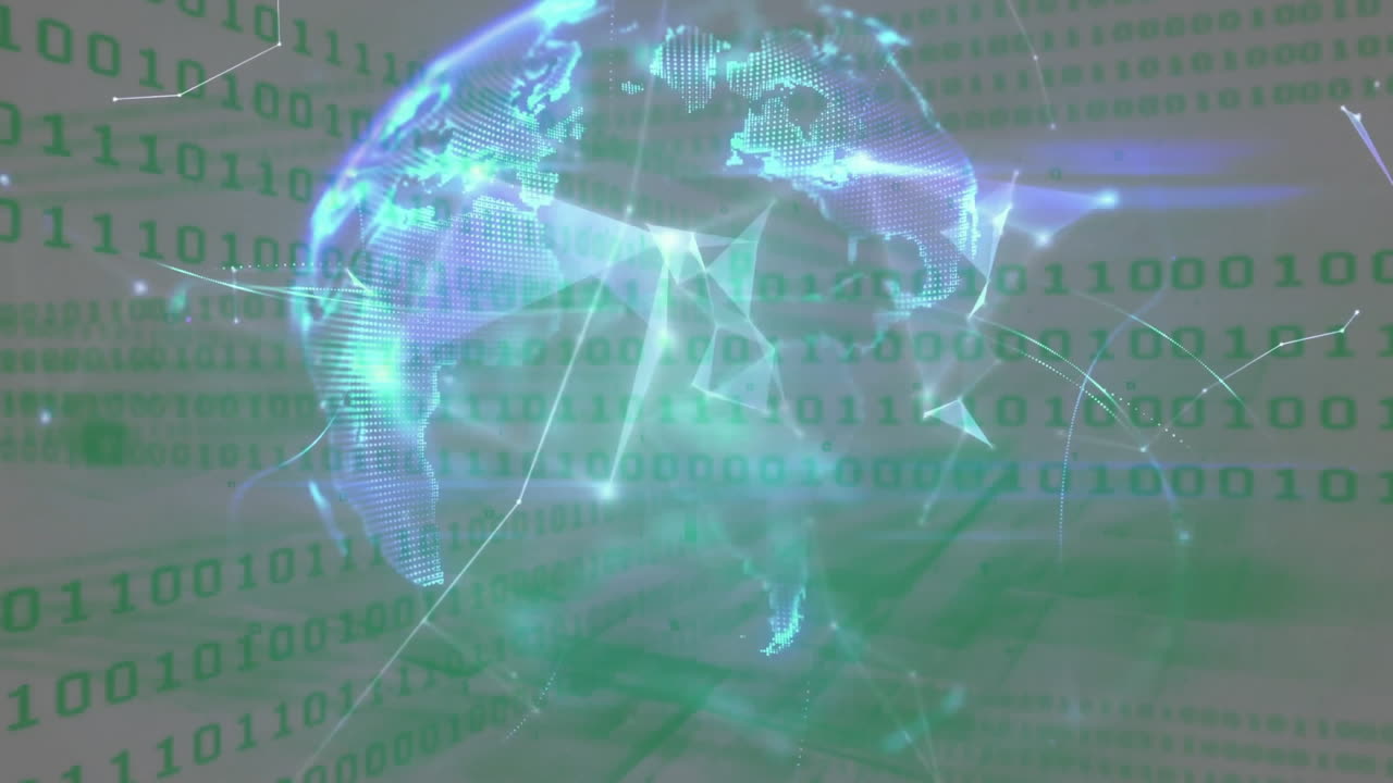 Holographic globe floating in digital space, showing network lines linking binary mesh