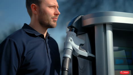man charging electric vehicle at charging station