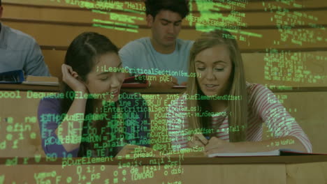 animation of data processing over diverse students talking and learning together