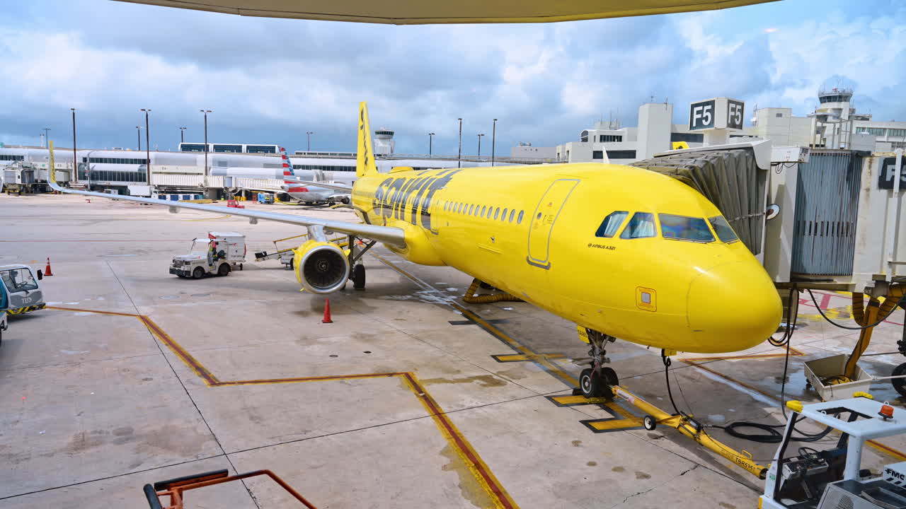 Pesawat Spirit Airlines Kuning Cerah Diparkir di Gerbang Bandara