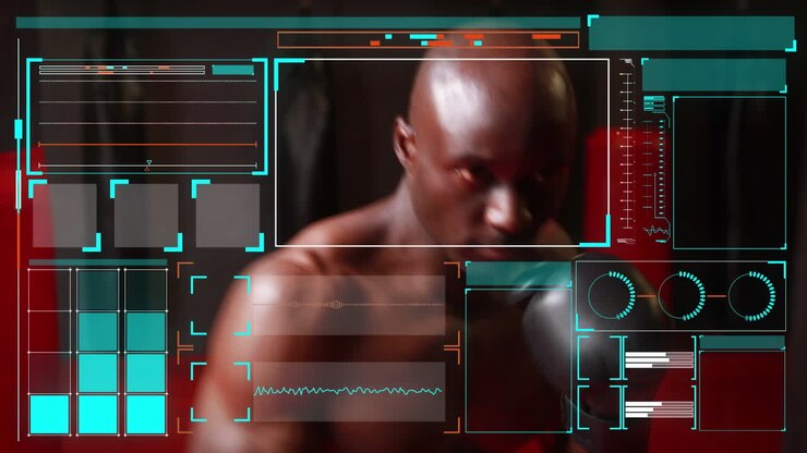 Animation of data and statistics processing over african american man exercising