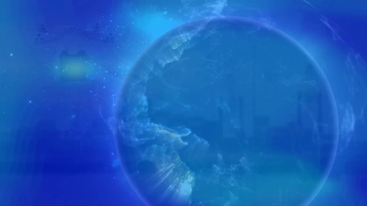 파란색 배경을 배경으로 회전하는 지구 위의 빛의 흔적의 디지털 애니메이션