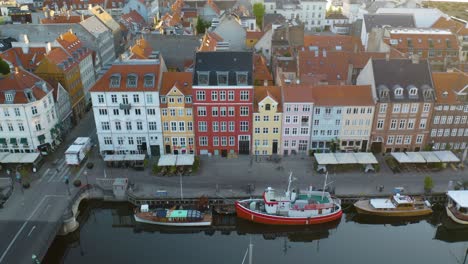 beautiful aerial footage of nyhavn canal harbour in