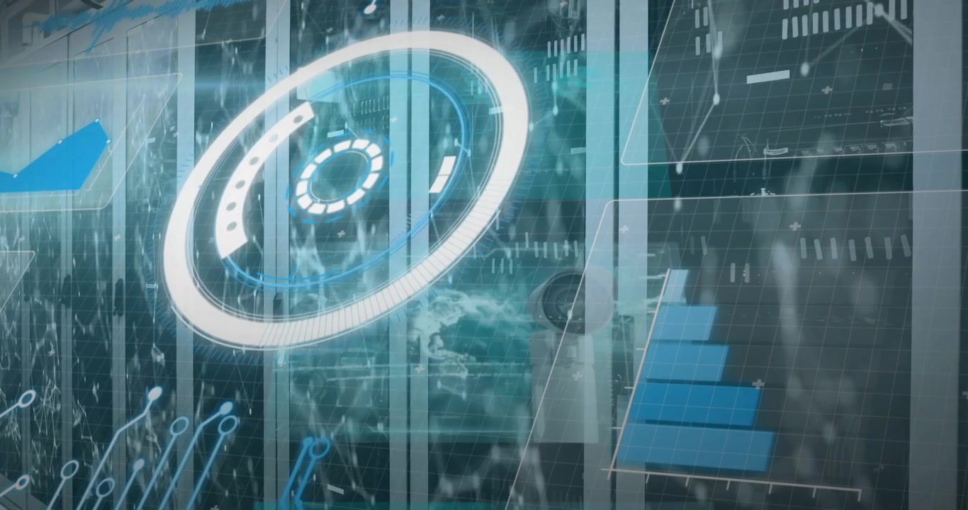 Digital datavisualisering over en serverrumsbaggrund