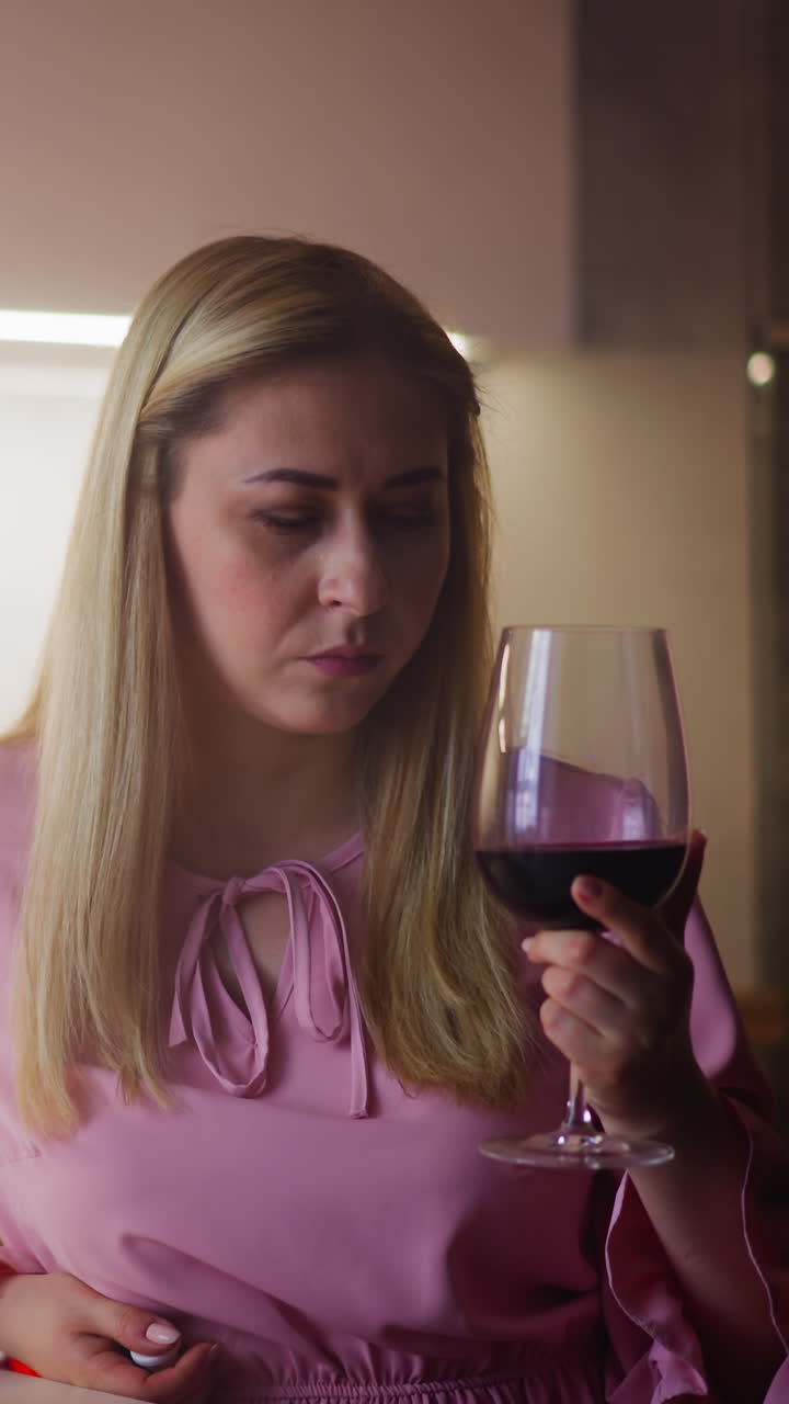 una dama rubia con un vestido rosa mira con incertidumbre al vino rojo girando un vaso de vino y sospechando envenenamiento durante la cena festiva en la cocina en cámara lenta