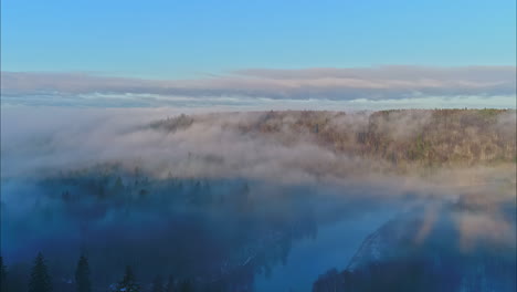 Bird's-eye-view-of-mountains-with-pine-forests-under-a-cloud-cover