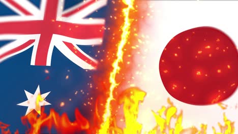 australia versus japan flag on fire loop animation