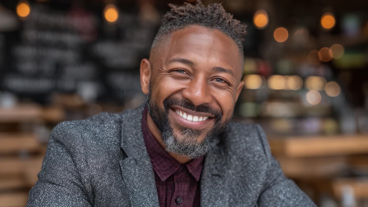 A Joyful Man with a Bright Smile Captured in a Cozy Café Setting, Showcasing His Charismatic Personality and Stylish Appearance, Radiating Positivity and Warmth