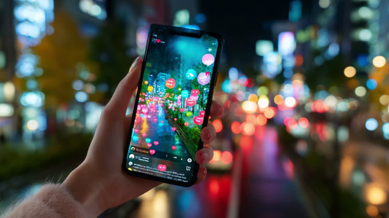 Esplorando la connessione digitale: una vivace luce di coinvolgimento social su smartphone in un dinamico paesaggio notturno urbano, catturato nelle vivaci strade cittadine con colorati effetti bokeh