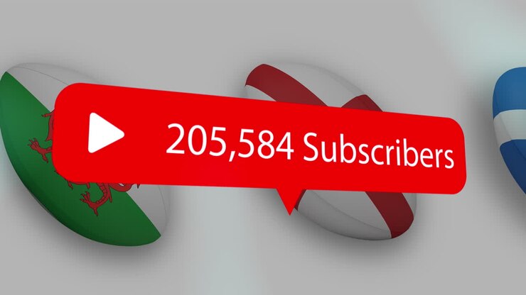 Increasing subscribers on a speech bubble over multiple rugby balls against white background