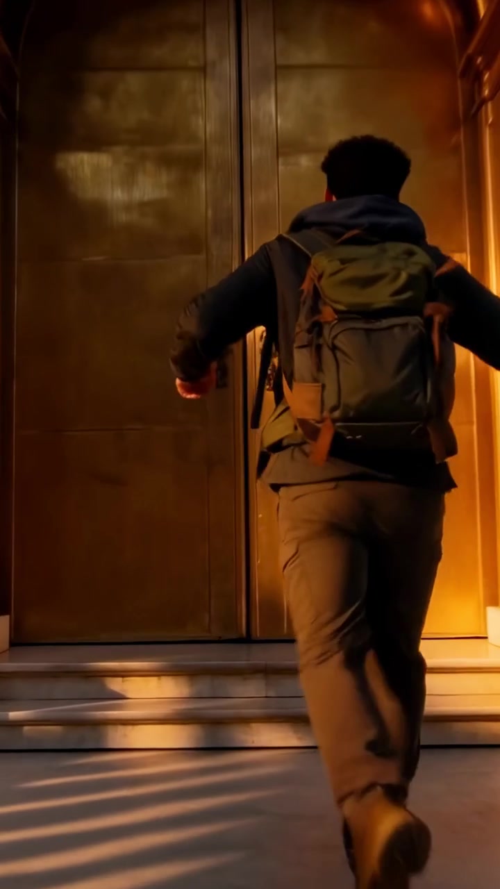 Video verticale: Porte dorate all'ingresso, un uomo incappucciato corre, si protende e afferra la maniglia per entrare.