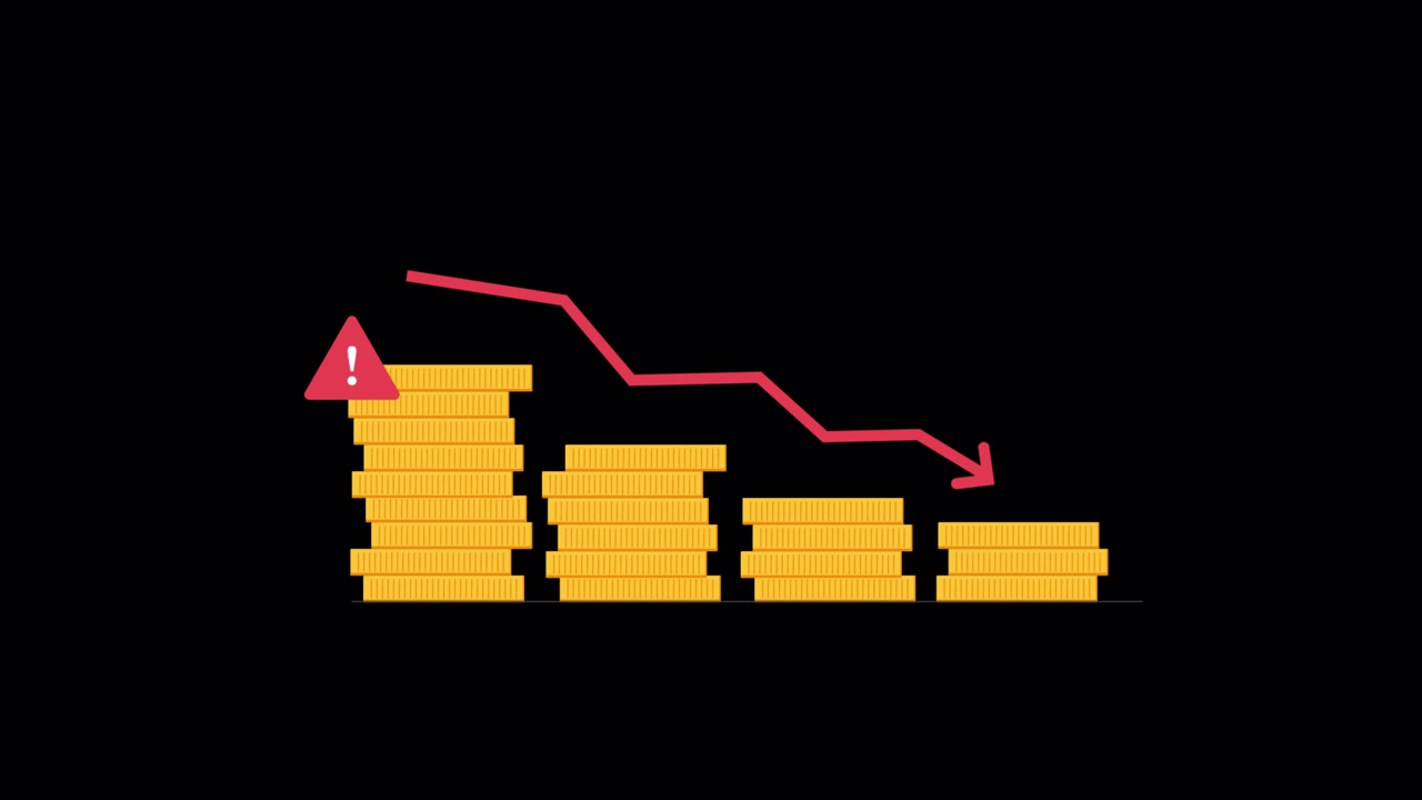 Grafico a barre animato di pile di monete d'oro in declino con simbolo di avvertimento.