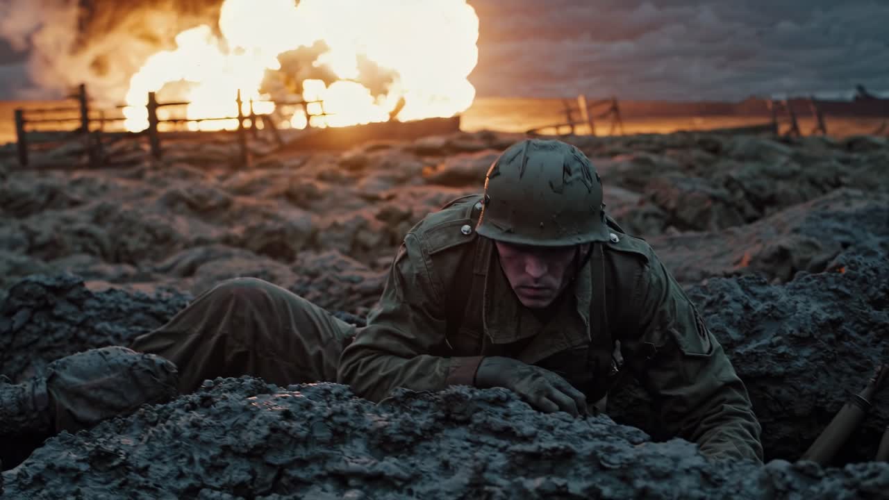 Military soldier crawling through muddy ground during intense battlefield explosion, showcasing raw combat survival and heroic struggle amid destructive war landscape