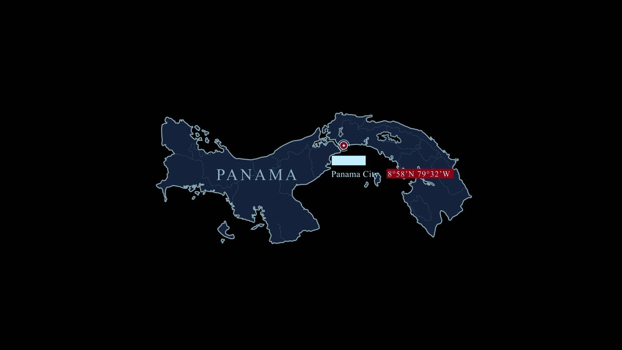 mapa estilizado azul de panamá con la capital y las coordenadas geográficas en fondo negro