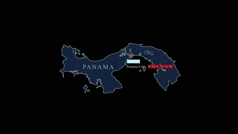 blue stylized panama map with capital city and geographic coordinates on black background
