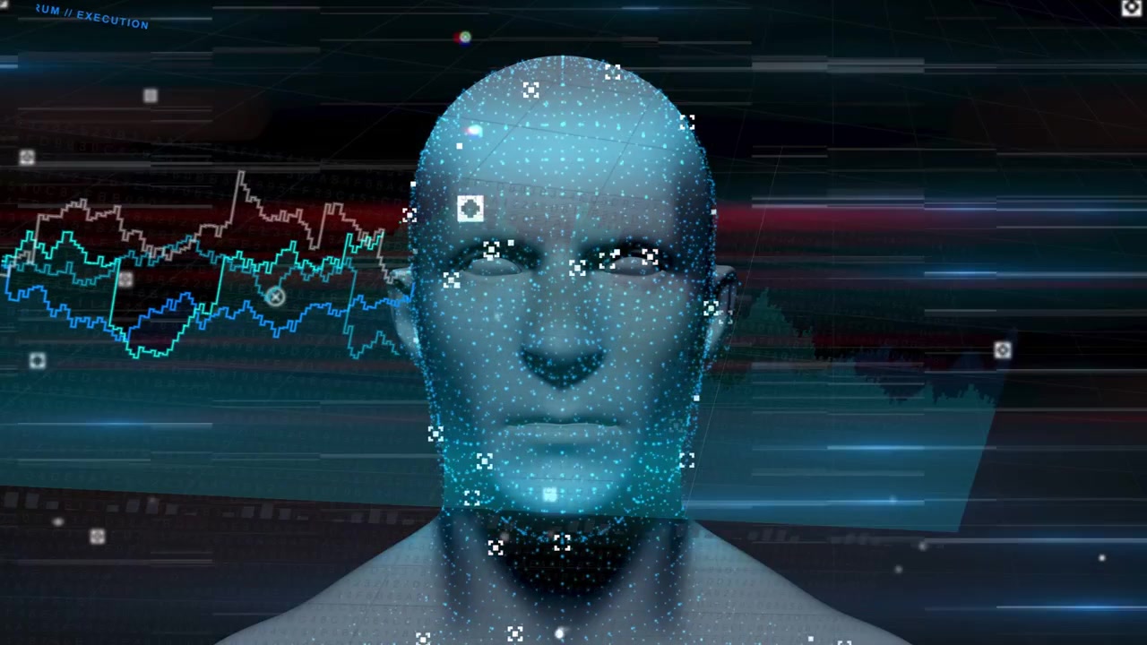Glitch noise starting dotted head forming, with nodes gathering and graphs sliding, showing trends