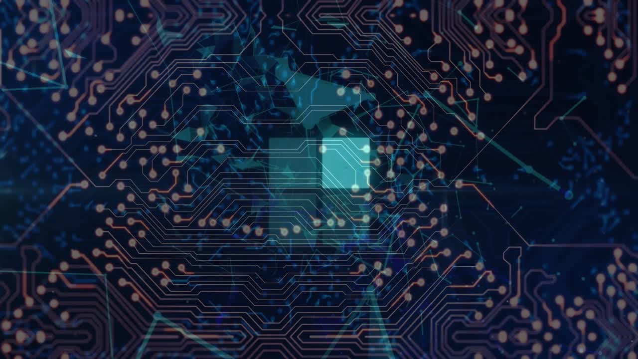 animación de formas geométricas iluminadas y puntos conectados con líneas sobre el patrón de la placa de circuitos.