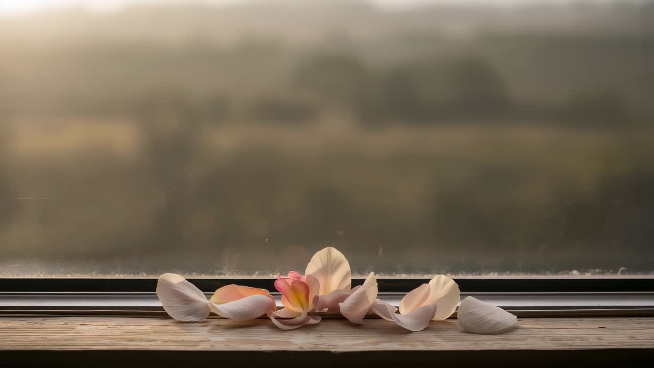 Catturando la luce del sole, gruppo di petali pallidi e piccolo fiore appoggiati sul davanzale, che mostrano granelli di polvere