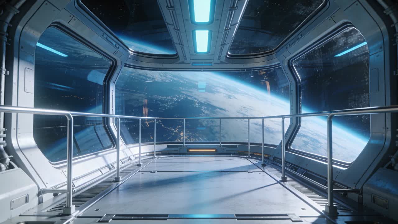 Telecamera che si allontana rivelando l'area di osservazione della stazione per mostrare più Terra nell'oblò curvo e le guide.