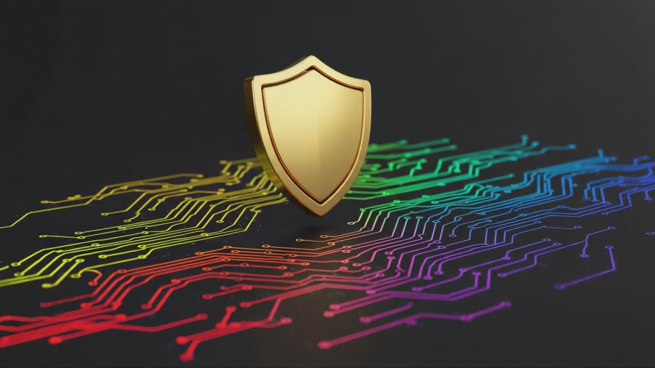 A Golden Shield Symbolizing Cybersecurity and Protection Against Digital Threats with a Background of Colorful Circuit Patterns Representing Technology