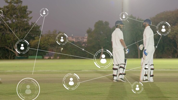 Tre uomini che aggiustano la posizione sul campo da cricket, icone di collegamento di rete sul team che influenzano la direzione del piano.