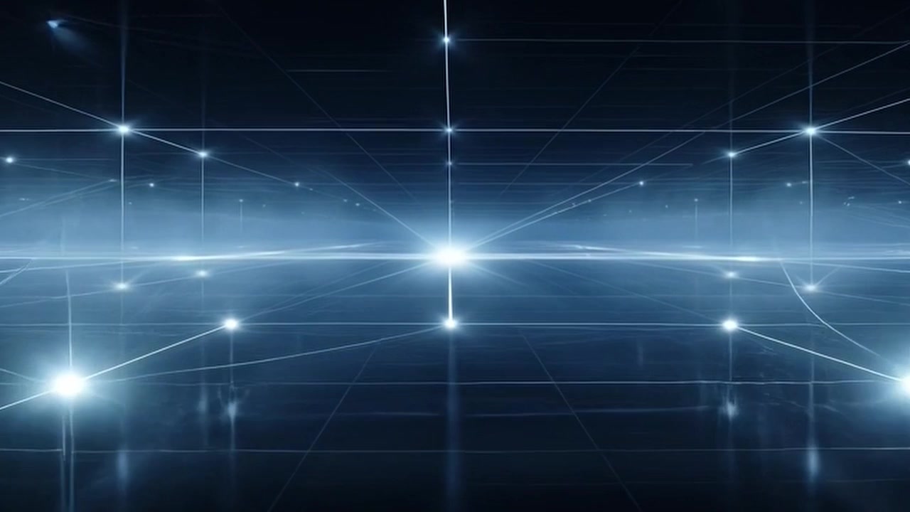 Abstract Digital Network Grid with Glowing Data Nodes and Light Rays