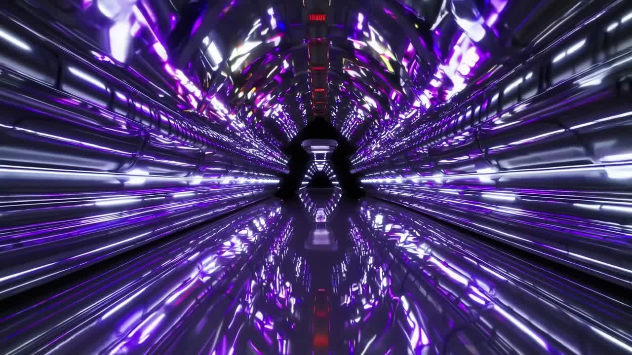 Futuristic tunnel scene with reflective metallic surfaces and vibrant lights, showcasing a dynamic motion sequence through a high-tech environment, emphasizing depth and movement