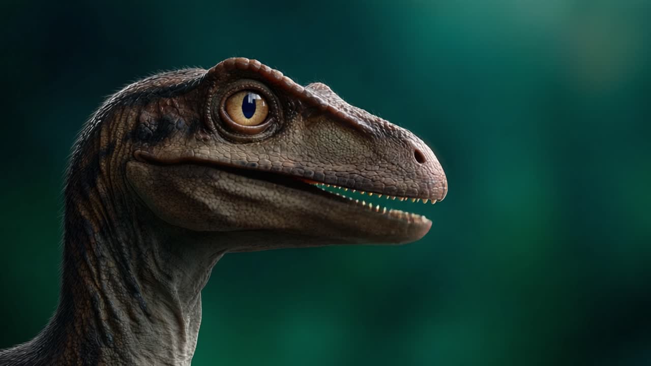Una vista ravvicinata di un rendering realistico di dinosauro che evidenzia le caratteristiche dettagliate e uniche di un Velociraptor in un lussureggiante ambiente di sfondo.