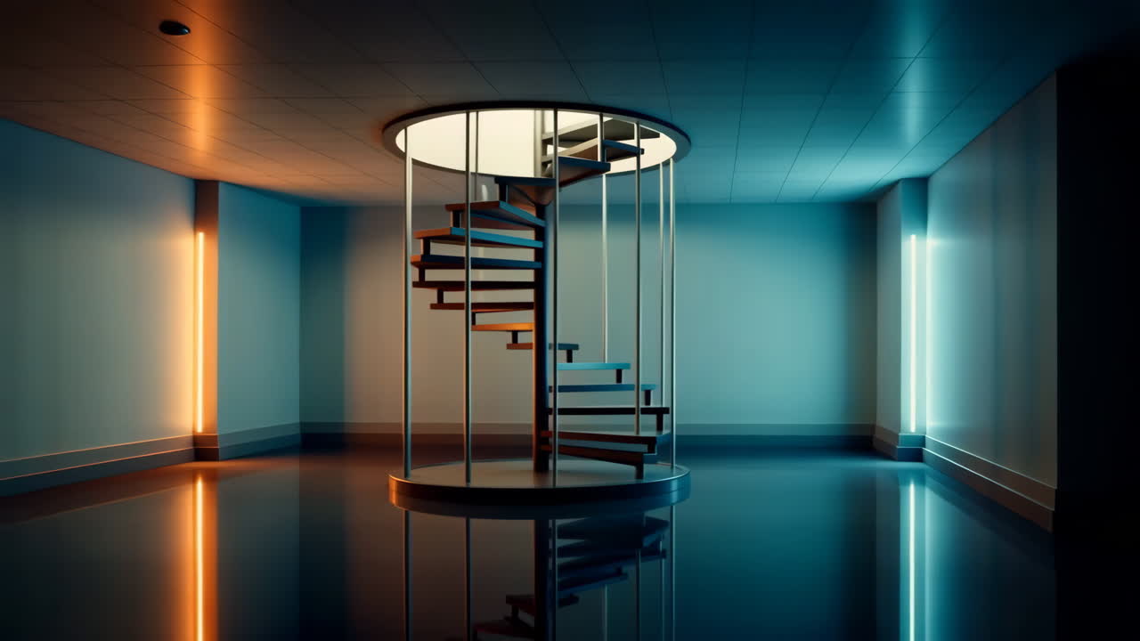 Modern Room with Spiral Staircase and Neon Lighting