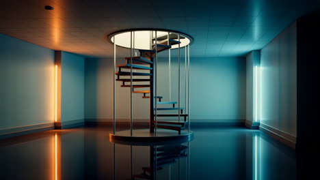 modern room with spiral staircase and neon lighting