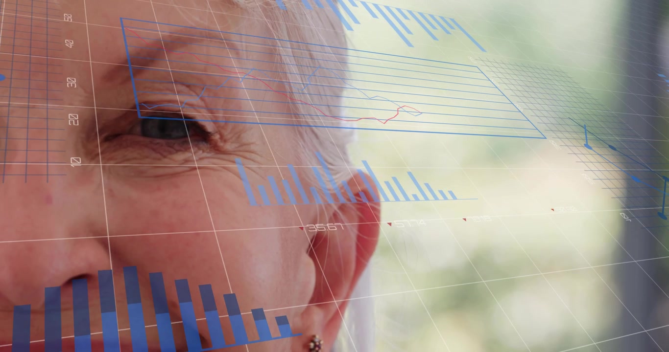 Donna che esamina l'analisi dei dati con una griglia 3D che appare, grafici a barre, grafici a torta e grafici a linee che si animano.