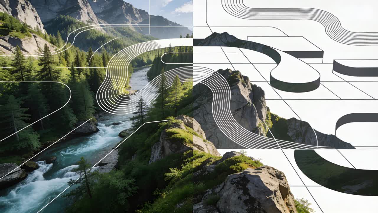 Originating from right, animated contour bands sweeping across ridge and river, mapping terrain