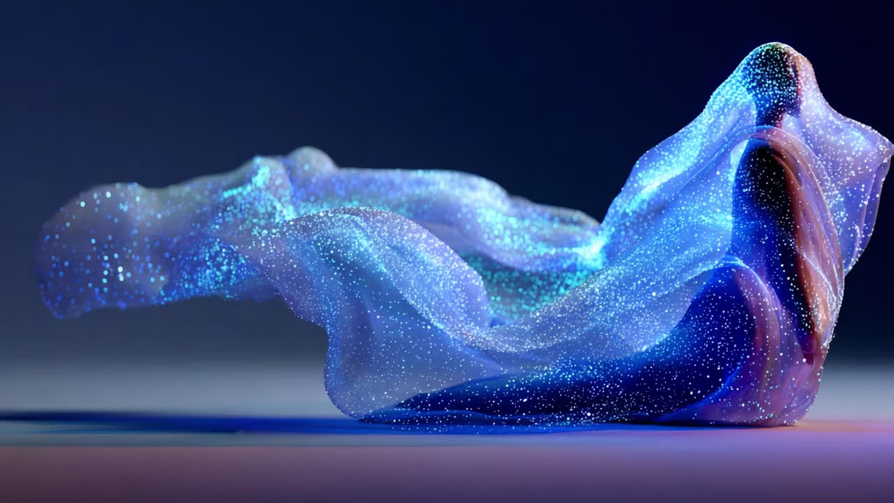 An ethereal figure emerges from a cascade of shimmering, sparkly fabric, illuminated by soft, ambient lighting that enhances the vibrant colors and dynamic flow of the material