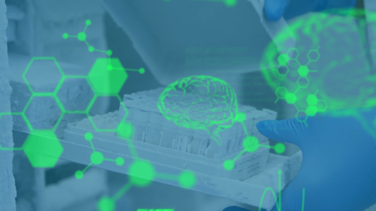 Animation of data processing over scientist in lab