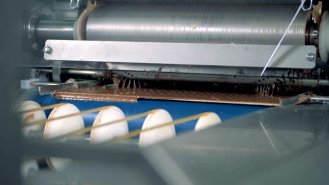 producción de gofres de chocolate en la fábrica.