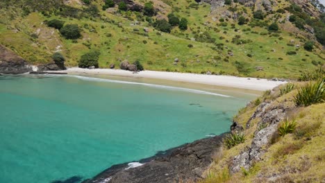 toma panorámica de la hermosa bahía con playa dorada vacía, agua transparente y montaña en el fondo - bahía de los espíritus en nueva zelanda