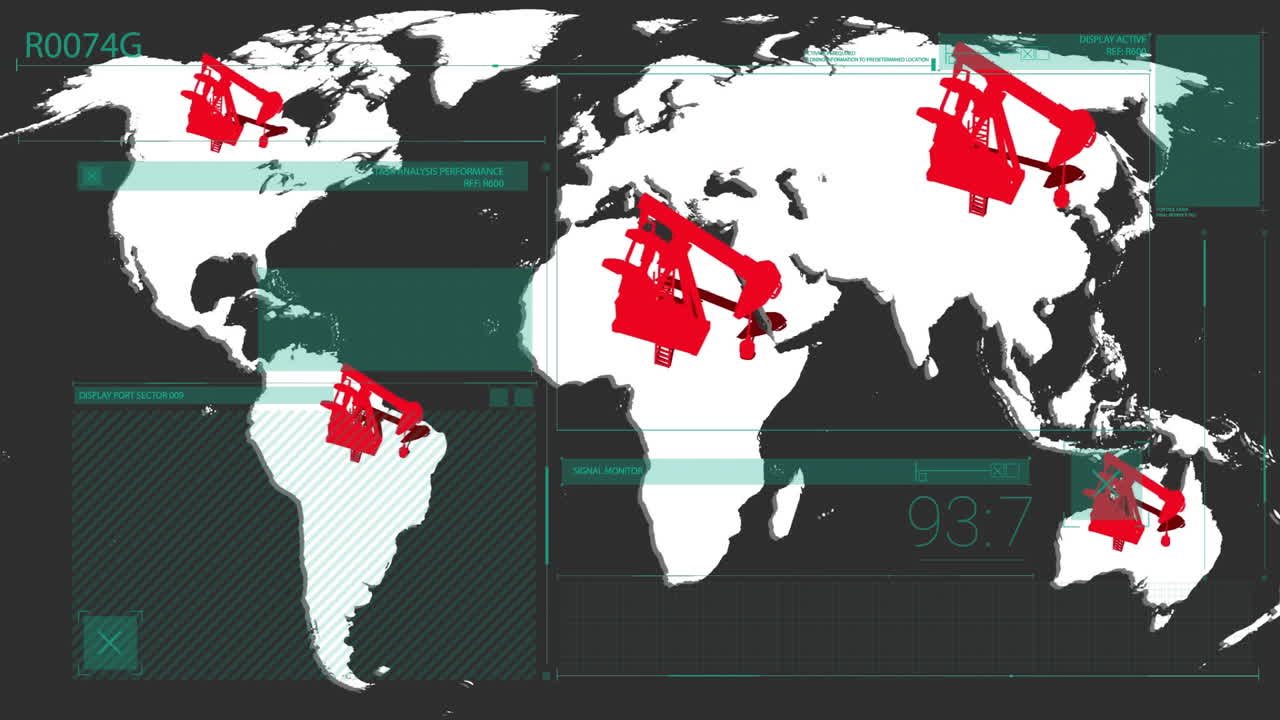 Animation of world map with red oil pump icons and data processing overlay