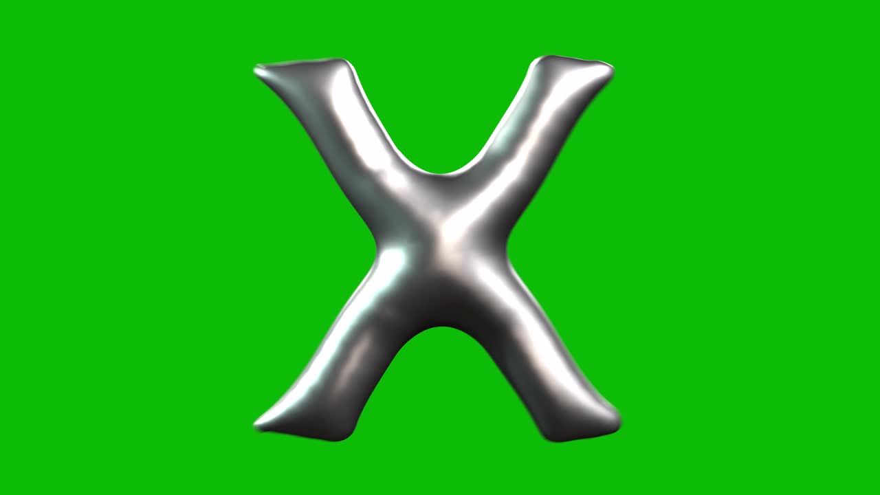 Silver Foil balloon letter X inflates, spins, and reveals on green screen in 3D animation. Ideal for celebrations, parties, birthdays, and video editing projects