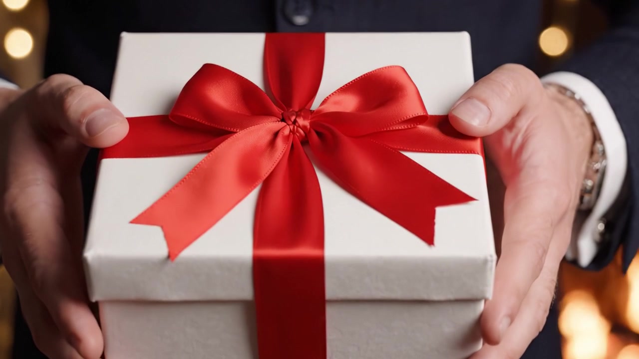 Una Persona Presenta con Entusiasmo un Regalo Bellamente Envuelto con un Lazo Rojo, Simbolizando Celebración y Ocasiones Alegres en Medio de un Ambiente Festivo