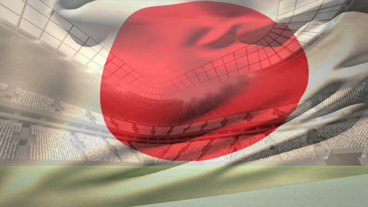 japonés agitando en el estadio de fútbol