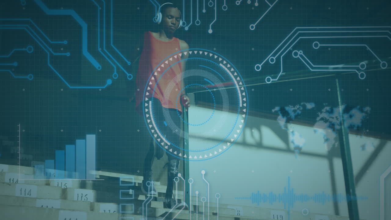 animación del procesamiento de datos digitales sobre un atleta masculino discapacitado con cuchillas de correr